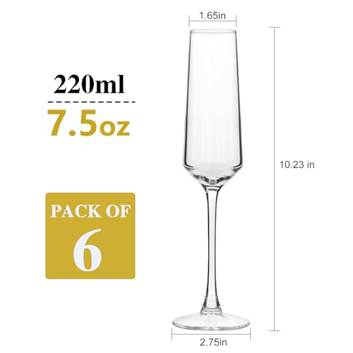 Champagne Flutes 7.5oz, Champagne Glasses Set of 6,Unique Gift for Birthday, Wedding, Anniversary, Wedding Toasting Glasses for Home Bar, Parties