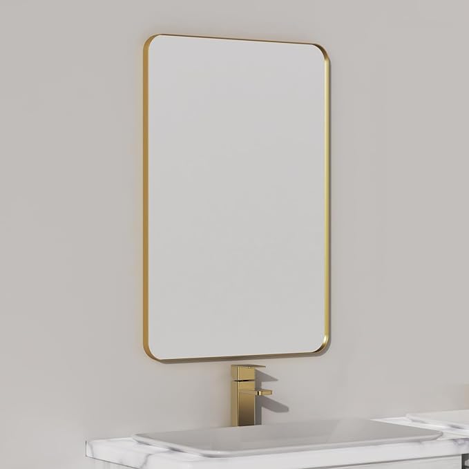 VocalStar Gold Bathroom Mirror for Wall, 24 x 32 Inch Metal Framed Rounded Rectangle Vanity Mirror Modern Farmhouse, 1/4-inch Shatterproof Glass | Ultra-Flush Hanging