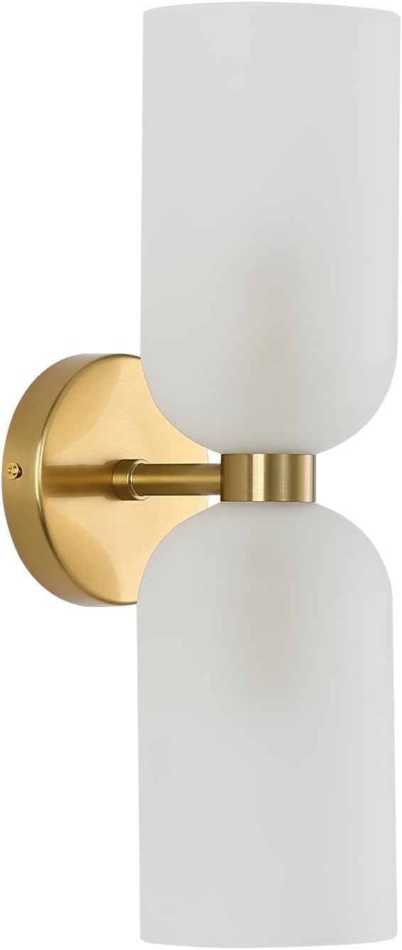 Minimalist 2-Light Gold Wall Sconces with Cylinder Glass Shades- Mid Century Vanity Wall Double Lights Hardwired- Modern Indoor Glass Wall Mounted Art Decor Lights (Frosted White, 1 Pack)