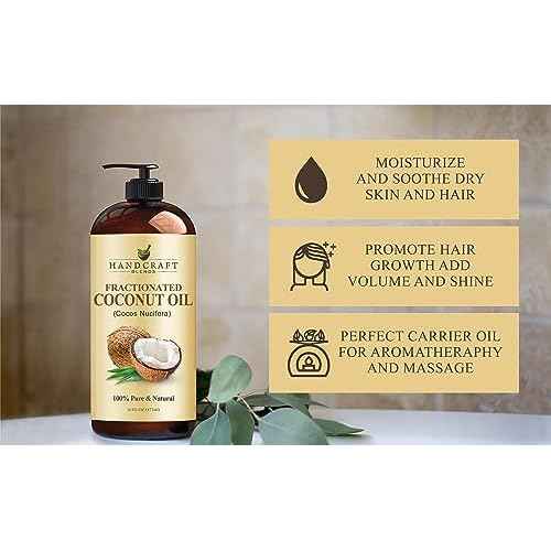 Handcraft Blends Fractionated Coconut Oil - 16 Fl Oz - 100% Pure and Natural - Premium Grade Carrier Oil for Skin, Hair and Body - Massage - Hair Tonic