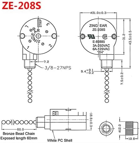 2PS Ceiling Fan Switch Zing Ear ZE-208s E89885 3 Speed 4 Wire Pull Chain Switch Fan Light Switches Replacement Part with 4 Pre-Installed Wires(Nickel Chain)