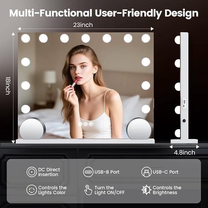 VESAUR Hollywood Vanity Mirror with 10X/15X Magnification and Lights, USB/Type-C Port Makeup Mirror with 15 Dimmable LED Bulbs, 3 Color Modes, Tabletop & Wall Mount for Bedroom, Aluminum(23"x18")