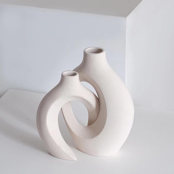 Ceramic Vases for Home Decor Set of 2, Off White Boho Small Flower Vase, Minimalist Decorative Modern Donut Vase for Living Dining Room Office Entryway Book Shelf Coffee Console Table Décor