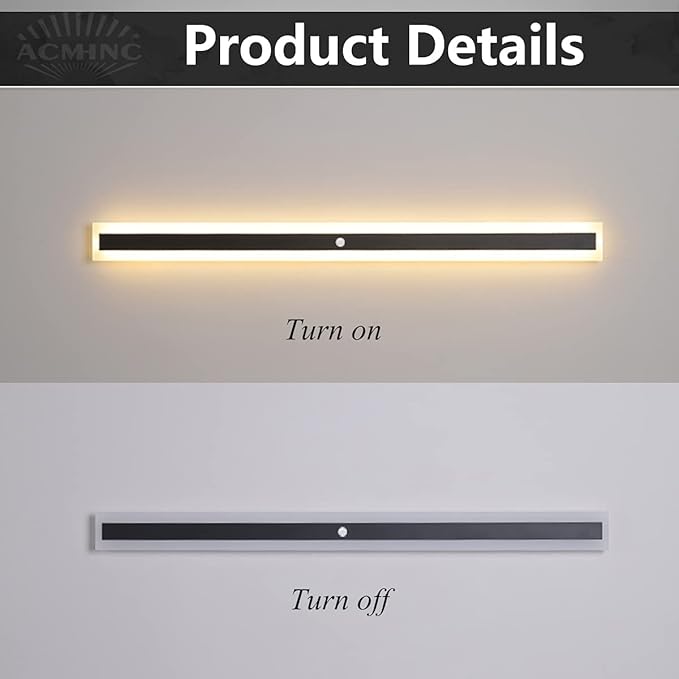 Indoor Long Wall Lamp with Motion Detector, Nordic Modern LED Wall Lamps for Bedroom, Living Room, Bathroom, Hallway, Stairs -Warm White 3000K Metal Black Wall Lights,120cm