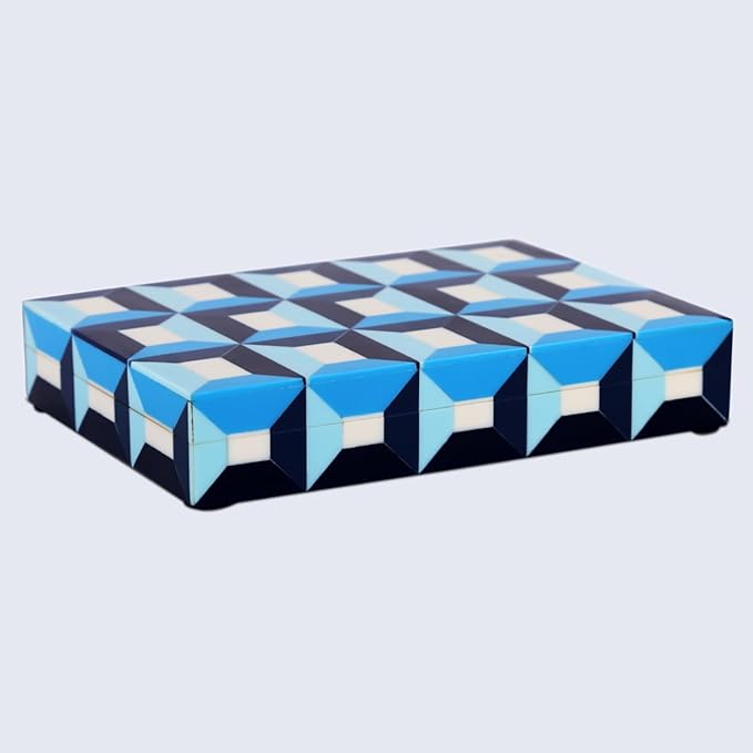 Handicrafts Home Blue Decorative Storage Box with Lid– Slim Rectangular Storage Box, Modern Resin Inlay Wooden Box, Remote Holder, Desk Organizer, Keepsake & Jewelry Box for Coastal Decor- 6x8x1.5