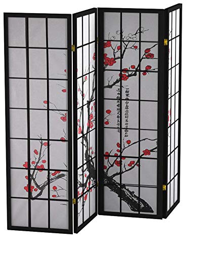 Roundhill Furniture Black Japanese 4-Panel Screen Room Divider, Plum Blossom
