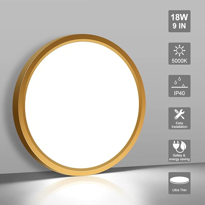 9 Inch Gold LED Flush Mount Ceiling Light, 5000K Daylight White Low Profile LED Ceiling Light, 18W 1800LM, Round Slim Flat Ceiling Lights Fixture for Closets Bedroom Hallway Stairwells Porch