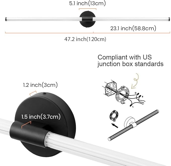 Dimmable LED Bathroom Vanity Lights Hardwired 360° Full Lighting Bathroom Light Fixtures Over Mirror Vanity Light Bar Modern Wall Sconce Warm Light for Bedroom Living Room - Black, 47 inch