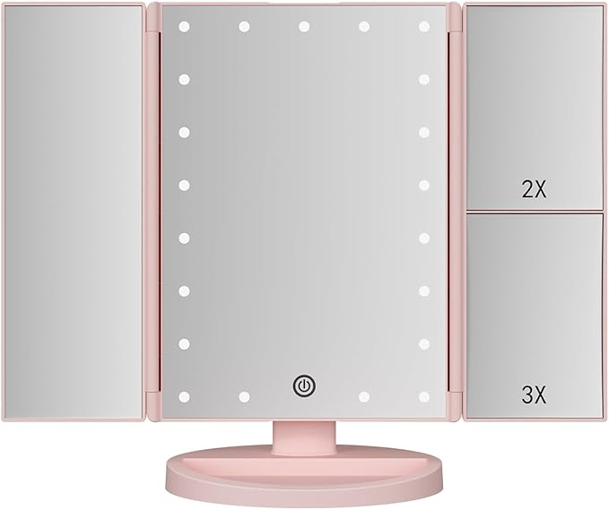 Trifold Makeup Mirror Vanity Mirror with Lights,1X 2X 3X Magnification,Touch Control,Adjustable Rotation,Dual Power Supply,Portable Travel Cosmetic Mirror,Birthday Gifts for Women,Teengirls
