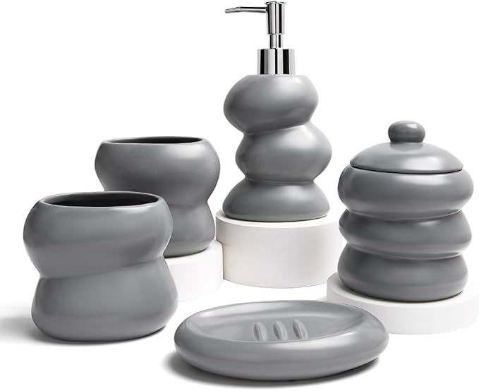 Bathroom Accessory Set 5PCS, Ceramic Bathroom Accessories Set, Irregular Shape Small Bathroom Sets Accessories Complete, Home Apartment Minimalist Decor Vanity Countertop, ANTIS'S HOME (Grey)
