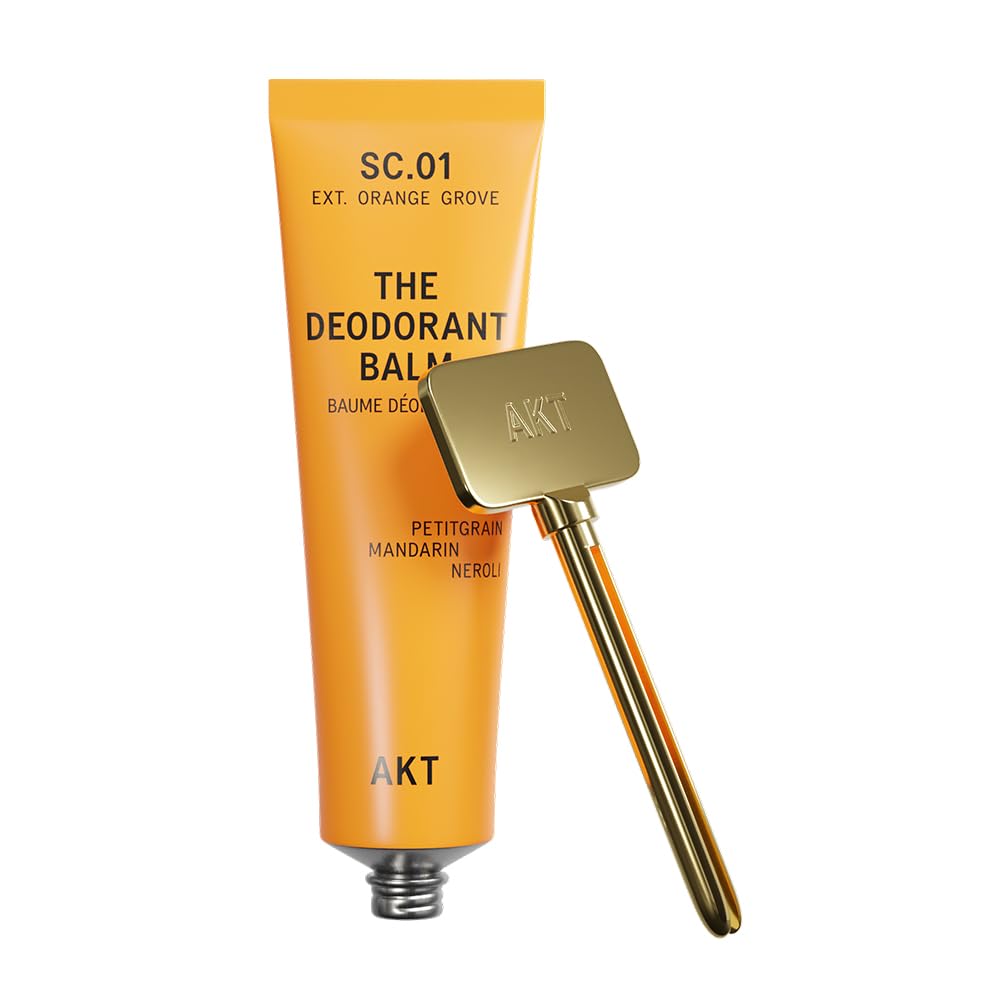 Akt, THE DEODORANT BALM. Award winning, multi-use, natural deodorant. Plastic Free. Gender Free. Aluminium Free. 100% effective â 1 tube lasts up to 3 months. SC.01 ORANGE GROVE. 50ml/1.76 FL.OZ