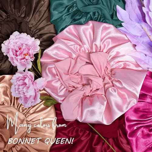 BONNET QUEEN Silk Bonnet for Sleeping Women Satin Bonnet Night Sleep Cap Hair Wrap for All Hair with Adjustable Tie Band,Black