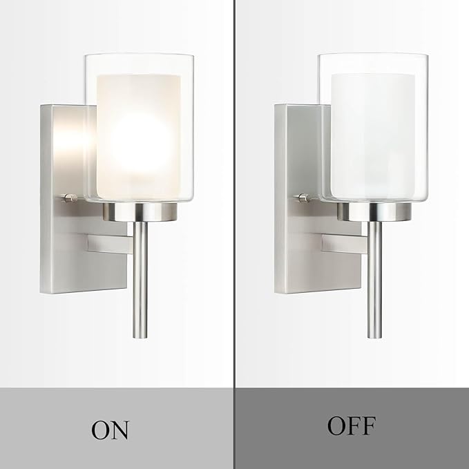 XiNBEi Lighting Bath Sconce Vanity Light, Modern Indoor 1 Light Wall Light Fixture with Dual Glass Shade Brushed Nickel Finish XB-W1276-1-BN