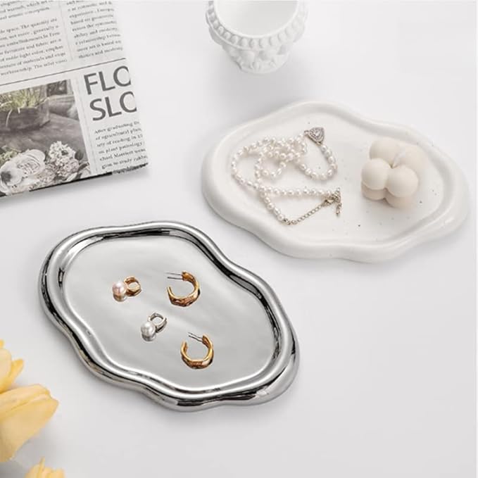 Jewelry Dish Tray, Ring Dish, Ceramic Trinket Small Key Mother's Day, Christmas, Thanksgiving, Birthday Gift for Mother Daughter Friends Silver