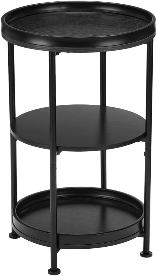 Dulcii Side Table, Round End Table with 3 Shelves for Living Room, Bedroom, Nightstand with Steel Frame for Small Spaces, Industrial Round Sofa Table, Outdoor Accent Coffee Table, Black
