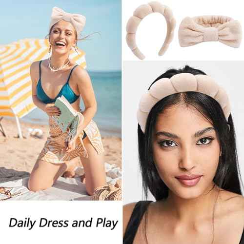 VELSCRUN 6 Pack Spa Headband, Makeup Headband, Face Wash Headbands, Skincare Headbands, Brown Sponge Hair Band Bow Tie Spa Head Band for Washing Face Wristband Set Hair Accessories for Women