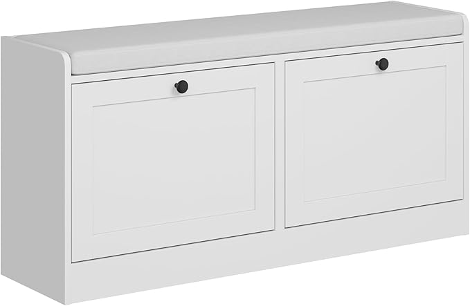 Modern Shoe Storage Bench fits up to Shoe Size 16, Entryway Bench with 2 Flip Drawers and Padded Seat Cushion, Wooden Shoe Bench with Storage for Entryway, Hallway, and Apartment, White