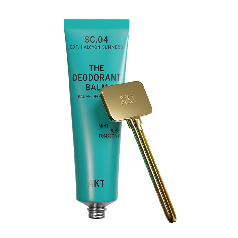 AKT, THE DEODORANT BALM. Award winning, multi-use, natural deodorant. Plastic Free. Gender Free. Aluminium Free. 100% effective â 1 tube lasts up to 3 months. SC.04 HALCYON SUMMERS. 50ml/1.76 FL.OZ