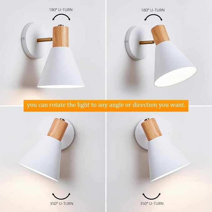 ClanKin Plug in Wall Sconces Lighting Set of 2 for Bedroom, White Dimmable Wood Style Wall Sconce Reading Lamp, Adjustable Wall Light for Bedroom Hallway Living Room (White-Plug in, 2)