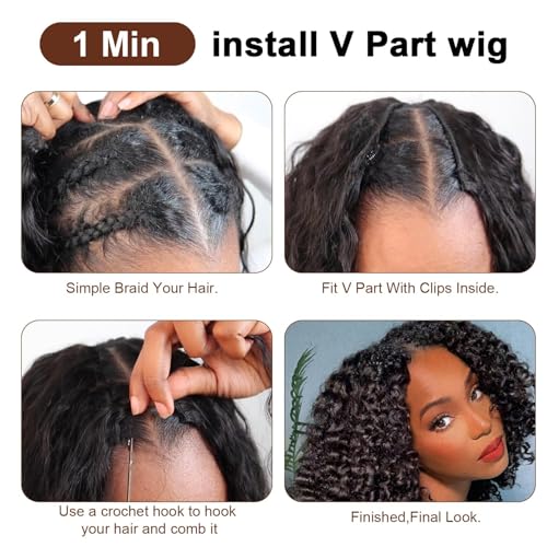 V Part Wig Human Hair curly Upgrade U Part Wig for Black Women Kinky curly Glueless Clip In Half Wig No Leave Out Wigs 180% Natural Color 22inch