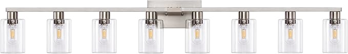 8-Light Brushed Nickel Vanity Light Fixtures,Modern Large Bathroom Light Fixtures Wiht Clear Glass ShadeRust and Moisture Resistant Easy to Install Vanity Lights for bathroom lights over mirror