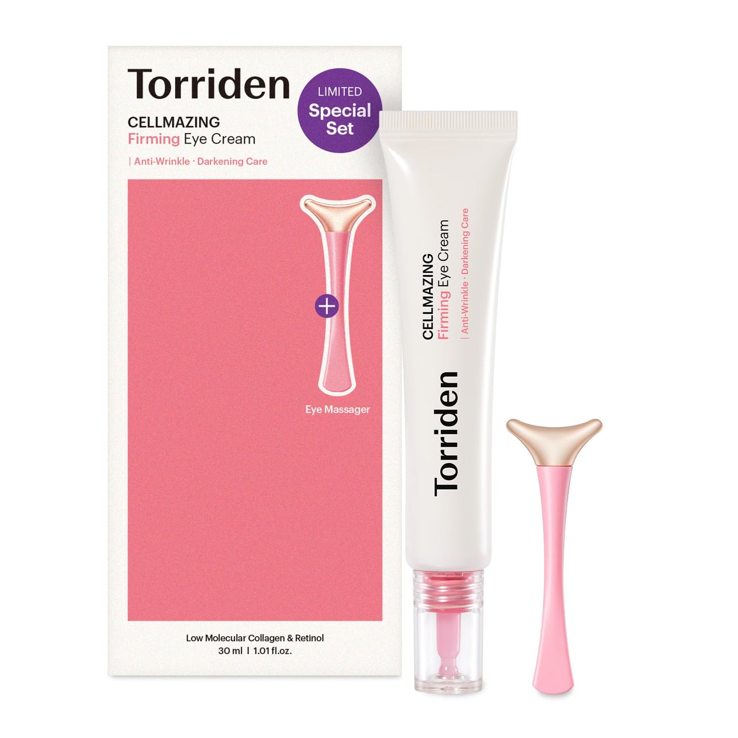 Torriden CELLMAZING Low Molecular Collagen Firming Eye Cream with an Eye Massager | Anti-Wrinkle, Dull, Dark Circles Care with 5D Collagen Complex and 4R Pure Retinol | 1.01 fl.oz