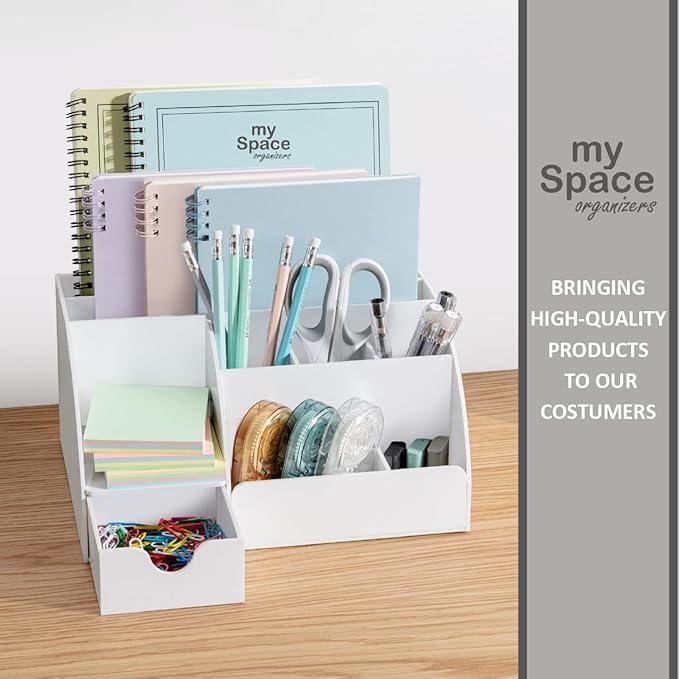 White Desktop Organizer - 9 Compartment Office Desk Accessories Organizer - Pen Holder