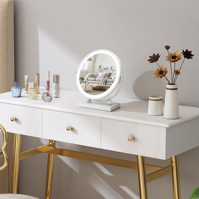 Travel Makeup Mirror, 9" Small Vanity Mirror with Lights, 1500mAH Battery, 3-Color Lighting, Dimmable, 360° Rotation, Round Portable Desk Mirror, Travel Essentials (White)