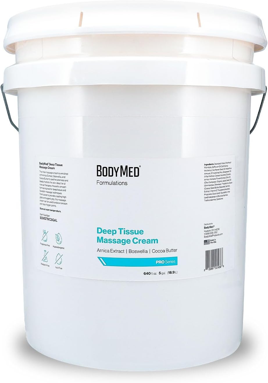 BodyMed Formulations Deep Tissue Massage Cream, 5 gal. â Fragrance-Free, All-Natural Cream for Massage Therapy â Leaping Bunny Certified â with Arnica Extract & Jojoba â Non-Staining, & Paraben Free