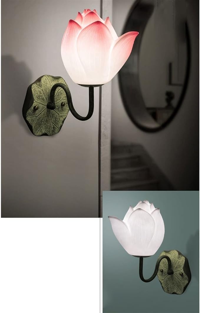 Retro Zen Wall Lamp Study Bedroom Background Lotus Decorative Bedside for Corridor, Hallway(Pink)