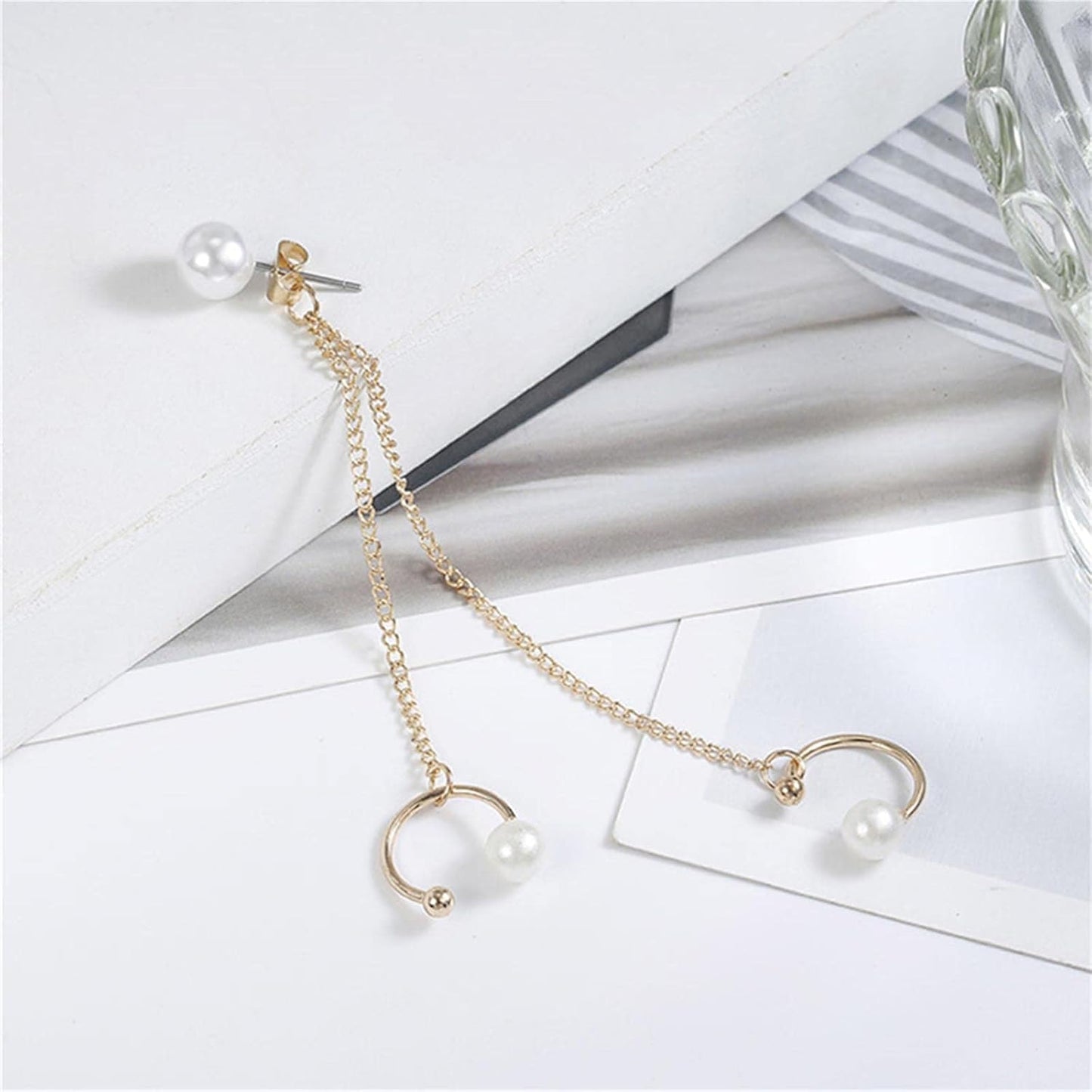 Vintage Pearl Cuff Chain Earrings Gold Chain Ear Cuffs Dangle Chain Cartilage Earrings Pearl Studs Earrings Cartilage Helix Earrings Helix to Lobe chain earrings Jewelry for Women and Girls (Gold A)