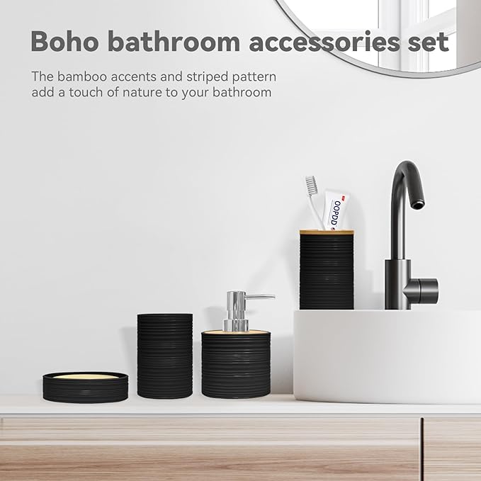 Bathroom Accessories Set 4 PCS, Bamboo Bathroom Accessory Set Includes Soap Dish, Soap Dispenser, Toothbrush Holder, Toothbrush Cup, Bathroom Sets Accessories, Boho Bathroom Decor(Black)
