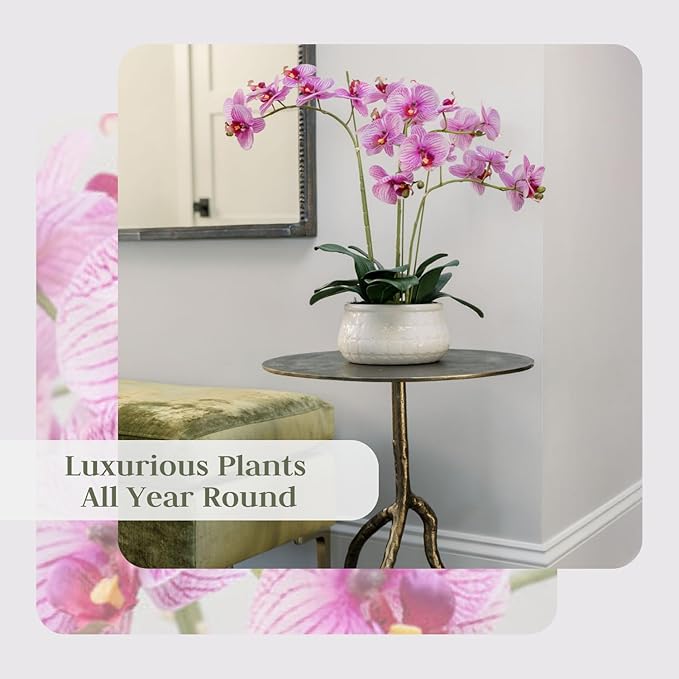 CG Hunter Faux Purple Orchid Plant, Premium Artificial Indoor Flower Display Stands 23”, Beautiful Sculptural Blooms That Lasts Forever, White Planter Pot Included