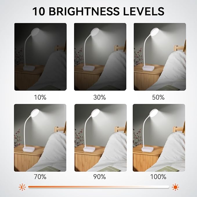 White Small Battery Powered Desk Lamp,Battery operated lamp,5W Rechargeable desk light,3 Colors,Adjustable brightness,360°Gooseneck Hose,Cordless lamps for small spaces,Eye-friendly and Energy Saving