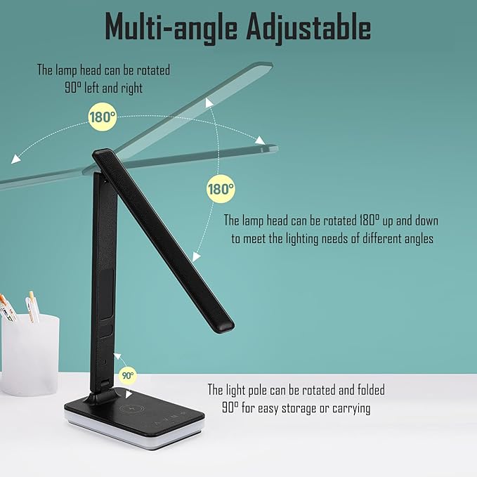 LED Desk Lamp with Wireless and Wired Charging, Foldable Table Light, 5 Brightness and 3 Lighting Modes, Time and Temperature Display, RGB Night Light, USB Powered (Single Head White)