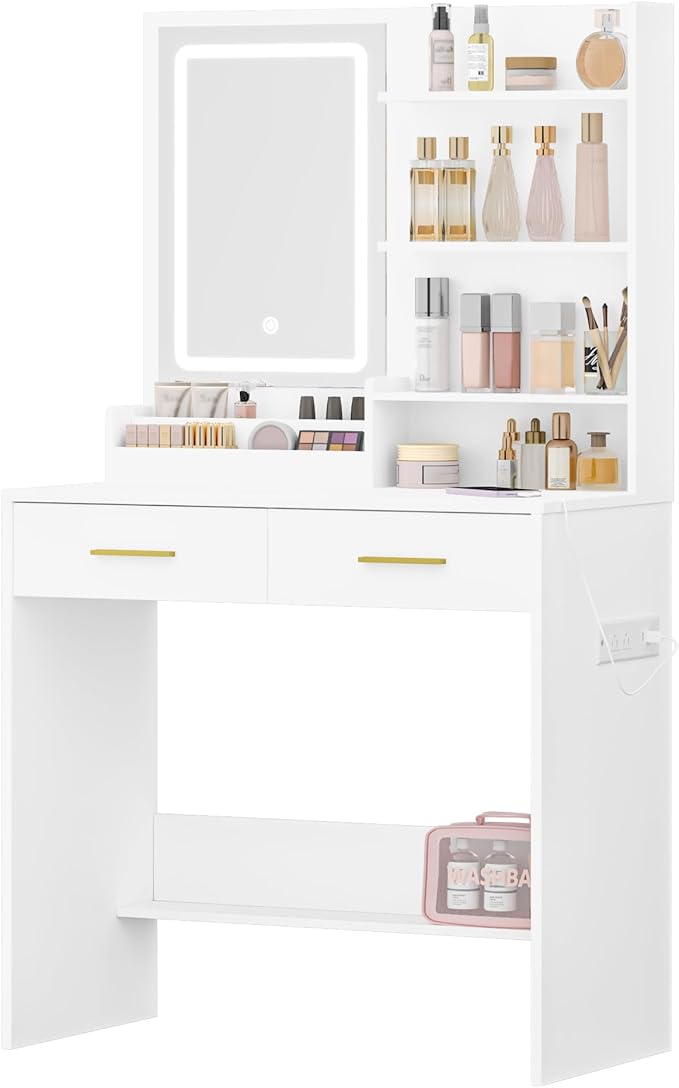 Vanity Desk with Mirror, Makeup Vanity with Led Lights, Dressing Table with Power Outlet, Drawers, 3 Color Modes, White WX321HDT