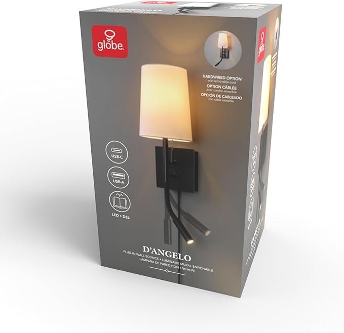 Globe Electric 1-Light Plug-in or Hardwired Wall Sconce with LED Integrated Reading Light, USB-A Port, USB-C Port, Matte Black, White Fabric Shade, On-Off Pull Chain and Rocker Switch