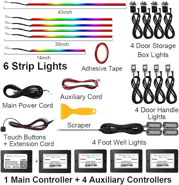 RGB 18 in 1 Interior Car LED Strip Light with Wireless APP,16 Million Interior Lights Car Dreamcolor Acrylic Ambient Lighting 600 LED Music Sync Neon Lights Kits (18 in 1 Set + App Control)