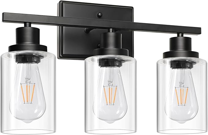 Ascher Bathroom Vanity Light Fixtures, 3 Light Wall Sconces Lighting with Clear Glass Shade, Black Wall Lights for Mirror, Kitchen, Living Room, Gallery, Hallway, E26 Base (Bulbs Not Included)