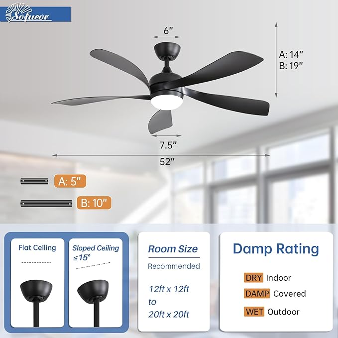 Sofucor 52 Inch Ceiling Fans with Lights and Remote, Outdoor Ceiling Fan with Light 6-Speed 3 CCT 3-Timer, Black Low Profile Ceiling Fan 5 Blade Reversible DC Motor for Living Room Bedroom Patio