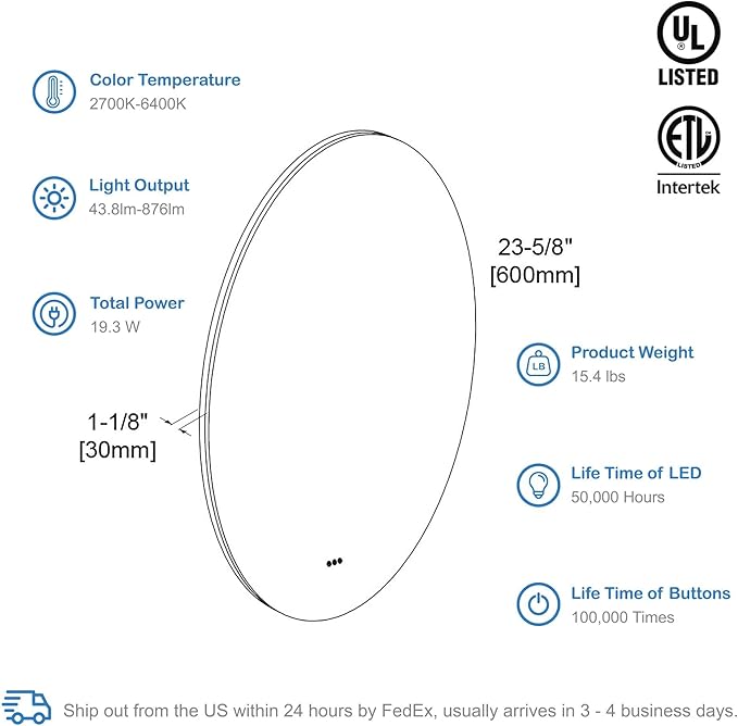 Blossom 24 Inch Large Modern LED Round Bathroom Vanity Mirror, Color Temperature Adjustable, Anti-Fog Dimmable Lights, Easy to Install, Wall Mounted Makeup Mirror with Smart Touch Button