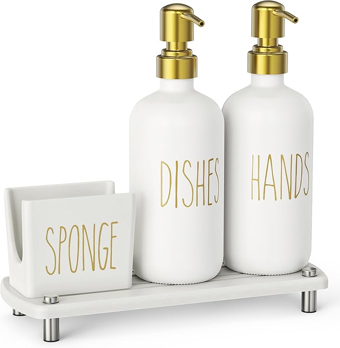 Cisily Kitchen Soap Dispenser Set Comes with Ceramics Sponge Holder, Gold Pumps, and Instant Dry Tray, Hand and Dish Soap Dispenser Set Suitable for Kitchen Decor and Accessories