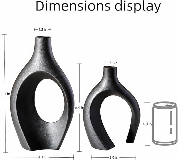 Extra LargeMatte Black Ceramic Vase Set of 2 Vase for Pampas Grass, Modern Circle Donut Aesthetic Flower Decorative Vases for Nordic Style Boho Home Decor (W 6.8" X H 11")