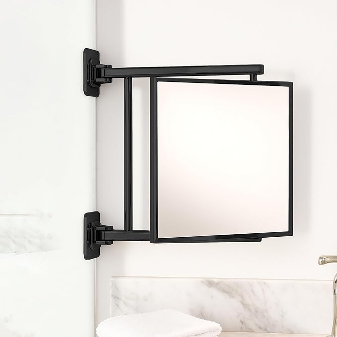 BRIXWELL Pivot-N-Vue Double Hinged Mirror Square, Tubular Steel with Silver Brazed Joints, Matte Black Finish, 11" Width x 11" Height, 10" Extendable Arms, Adjustable Wall Mount Bathroom Mirror