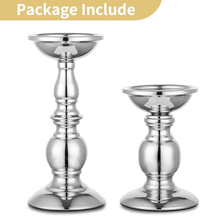 Nuptio Pillar Candle Holders Metal Candle Holder Ideal for 3 inches Candles, Silver Candle Holder for Living Room, Gardens, Spa, Aromatherapy, Incense Cones, Wedding, Party, 2 Pcs