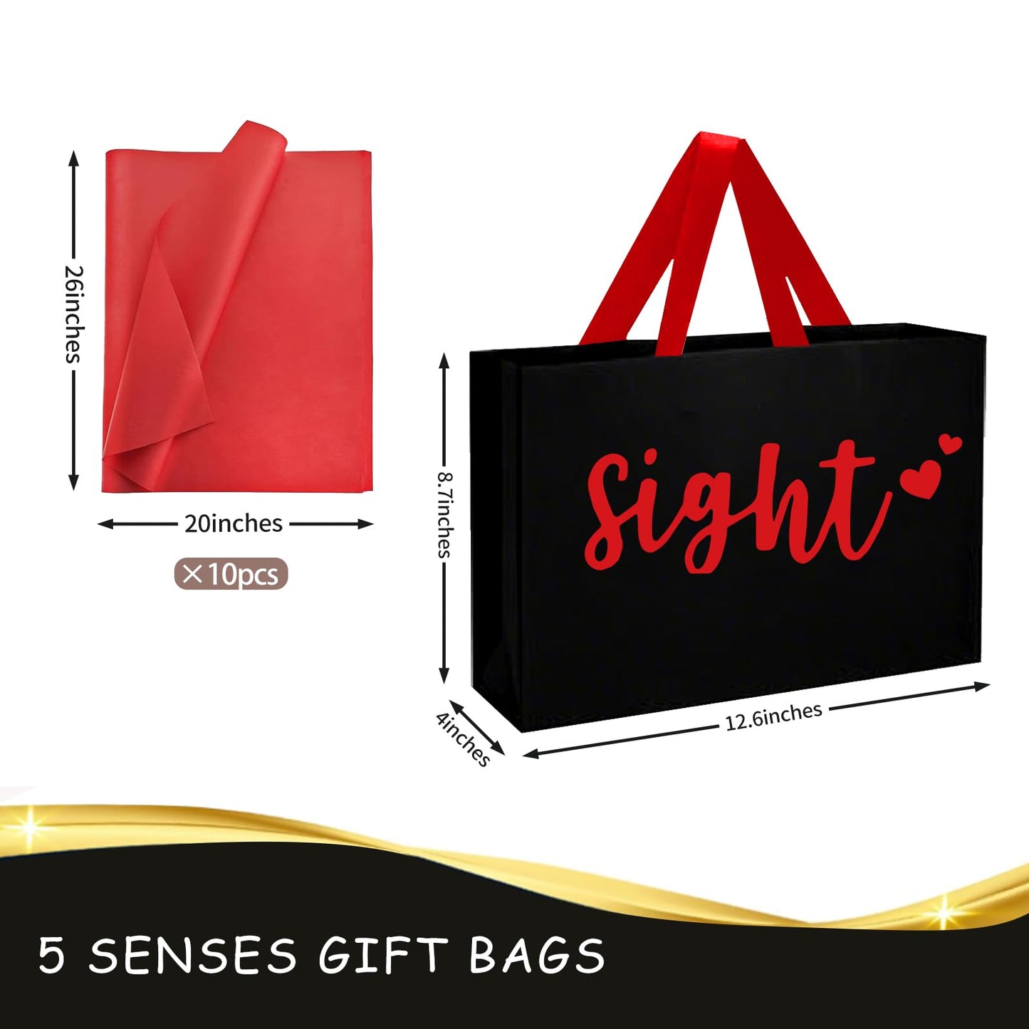 YIXAXKAO 5 Senses Gift Bags Five Senses Gift Bags with Tissue Paper Kraft Paper Bag with Ribbon Handles for Anniversary, Valentine's Day, Birthday for Him Husband Boyfriend (Red black)