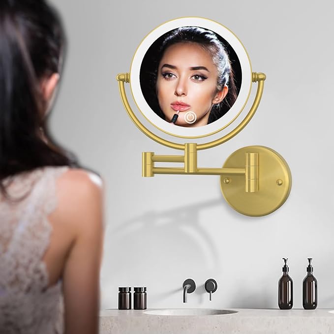 Gold Wall Mounted Makeup Mirror with Light and Magnification 10X, 2 Sided with 3 Color Led Dimmable, 360 Swivel Extension Shaving for Bathroom Hard Wired