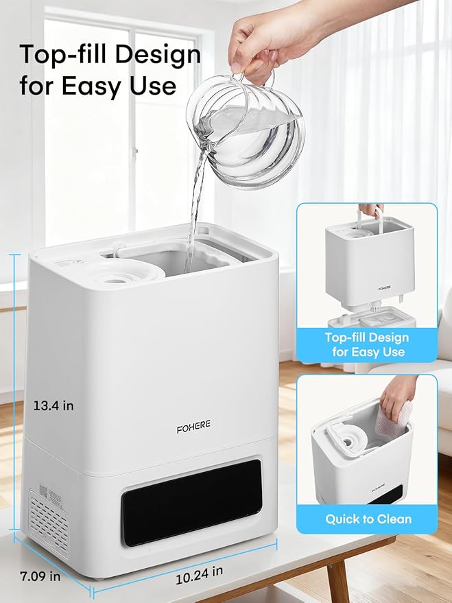 FOHERE 6L Humidifiers for Bedroom, 60H Cool Mist Humidifier for Large Room, 28dB Ultra-Quiet Runtime for Baby, Indoor, Plants, Smart Humidity Sensor, 16H Timer, Night Light, Oil Diffuser, White