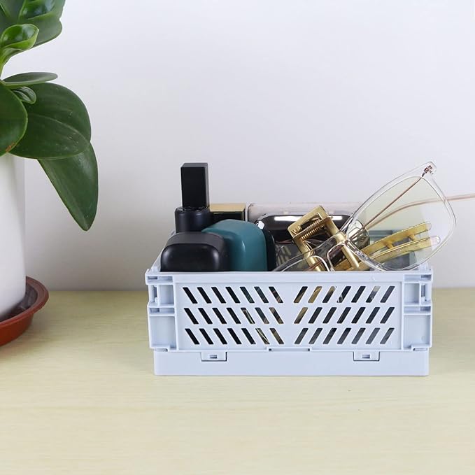 Tixill 2-Pack Mini Foldable Plastic Baskets for Organizing and Storage, Collapsible Storage Crate for Home Kitchen Bedroom Bathroom Office (5.9x3.8x2.2, Blue)