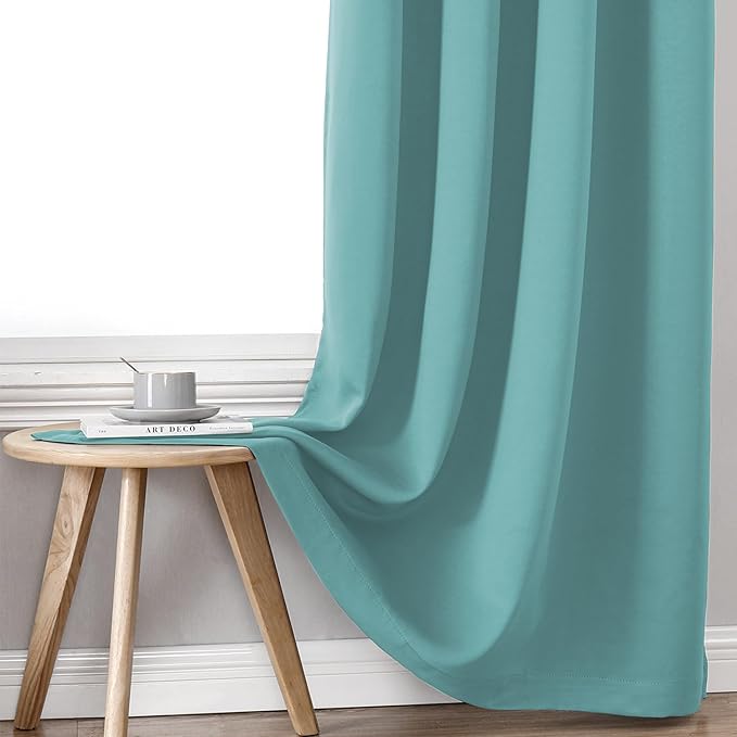 ChrisDowa 100% Blackout Curtains 63 inch Long for Bedroom with Black Liner, 2 Thick Layers Total Blackout Thermal Insulated Grommet Window Curtains 2 Panels Set (Aqua, 38 x 63 Inch)